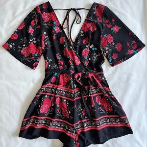 Francesca's Floral Red and Black Romper, Size M